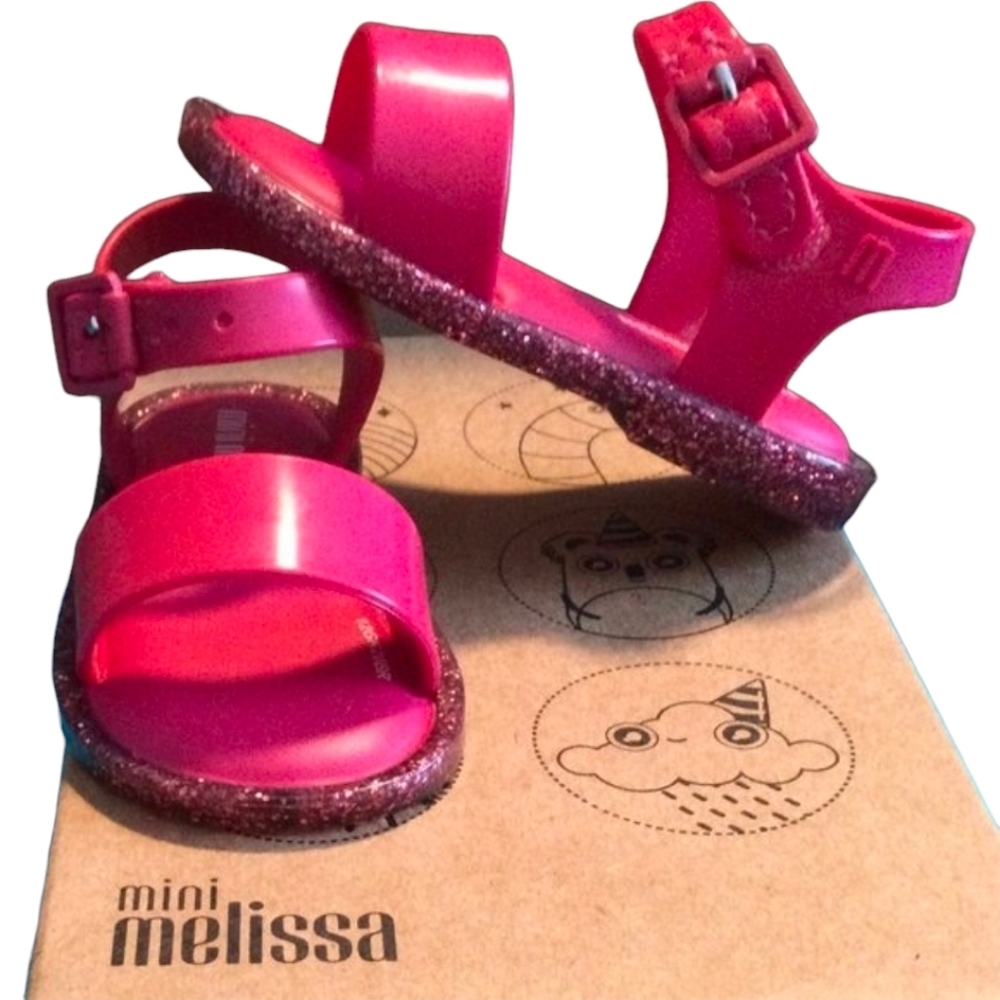 Mini Melissa Sandals Pink/Pink Glitter Mar Velcro Strap Toddler Kid's Size 5 NEW